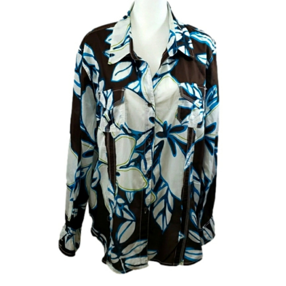 CHICO'S Brown and White Long Sleeves Shirt Size 3 (XL) 100% Cotton